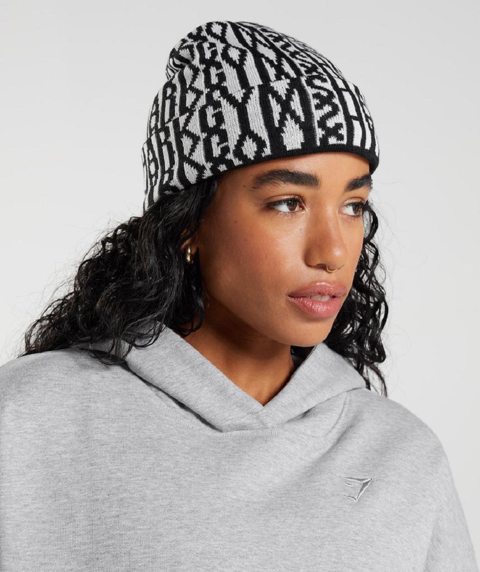 Gymshark Reversable Jacquard Beanie Accessories Šeširi Crne Bijele | HR 2083XYU